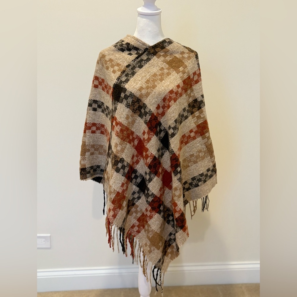 Plaid Woven Poncho with Fringe